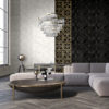 Philipp Plein Papel de Parede Z80001 Gray living room interior with a wooden floor, large windows and a white sofa near a round coffee table.