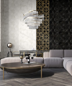 Philipp Plein Papel de Parede Z80001 Gray living room interior with a wooden floor, large windows and a white sofa near a round coffee table.