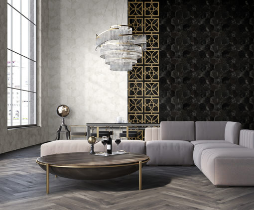 Philipp Plein Papel de Parede Z80001 Gray living room interior with a wooden floor, large windows and a white sofa near a round coffee table.